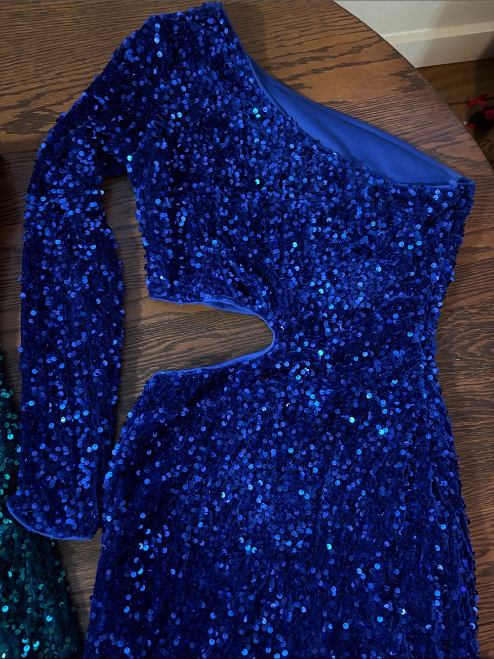 Two Woman’s Sequin One-Shoulder Cutout Dress - Teal and Royal Blue - Picture 2 of 11